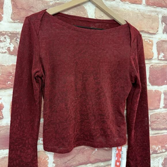 Cider Top Womens Large Burgundy Floral Abstract Burnout Sheer Stretchy Shirt - Picture 5 of 9